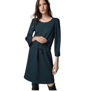 Massimo Dutti Forest Green Dress Drawstring Waist Puff Sleeve 3/4 Sleeve Sz S